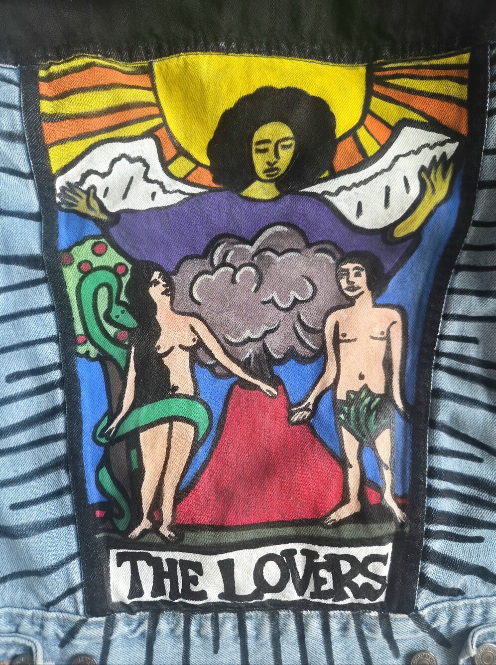 Hand-Painted Light Blue Denim Jacket with The Lovers Artwork
